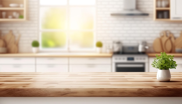 Holztisch mit einem defokussierten Küchenraum Für die Montage der Produktvorstellung Kopierplatz Generativ ai