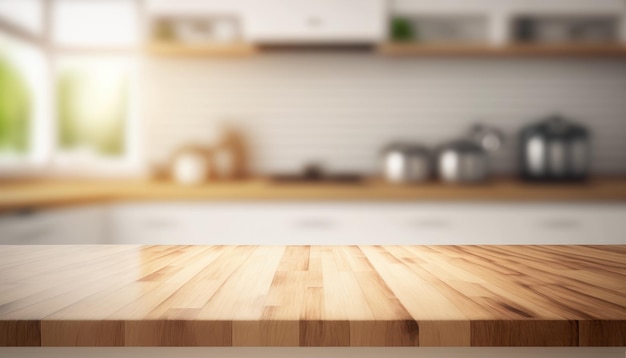 Foto holztisch mit einem defokussierten küchenraum für die montage der produktvorstellung kopierplatz generativ ai
