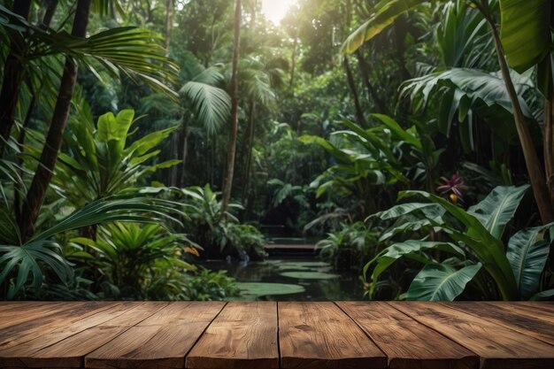 Holztisch mit einem tropischen Wald- oder Gartenhintergrund für die Produktplatzierung