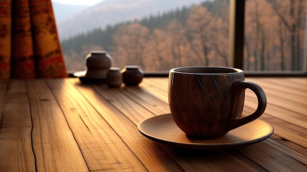 Foto holztisch mit einer tasse kaffee