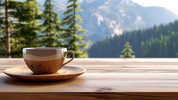 Foto holztisch mit einer tasse kaffee