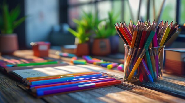 Holztisch mit einer Vielzahl von Stiften und Bleistiften Zurück zur Schule