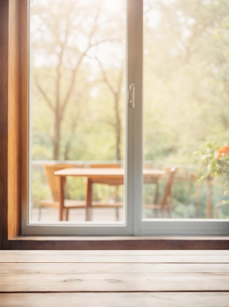 Holztisch mit Fenster und verschwommenem Hintergrund im Naturgarten Park Kopierraum Hochwertiges Foto