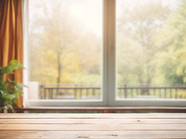 Holztisch mit Fenster und verschwommenem Hintergrund im Naturgarten Park Kopierraum Hochwertiges Foto