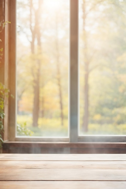 Holztisch mit Fenster und verschwommenem Hintergrund im Naturgarten Park Kopierraum Hochwertiges Foto