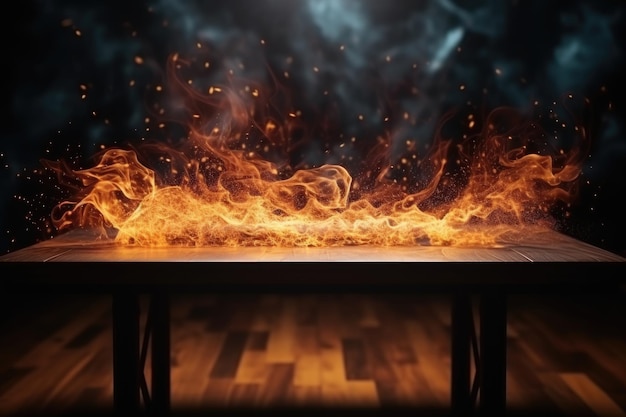 Holztisch mit Feuerthema für die Produktdarstellung