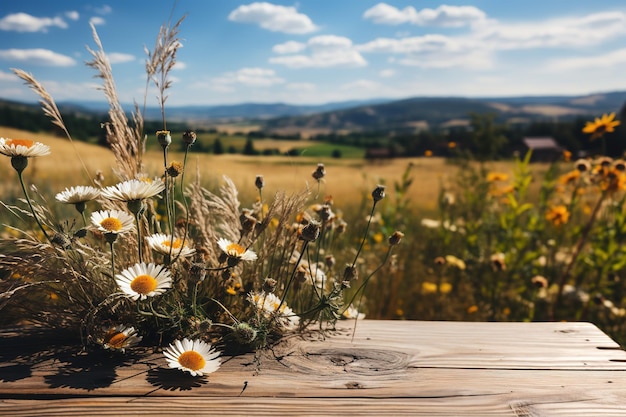 Holztisch mit Gänseblümchen und Weizenfeld im Hintergrund