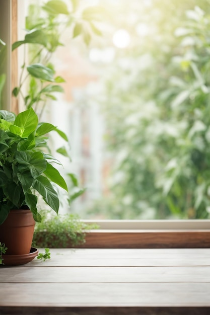 Holztisch mit grüner Pflanze im Topf auf dem Fensterbrett, verschwommener Hintergrund, Foto in hoher Qualität