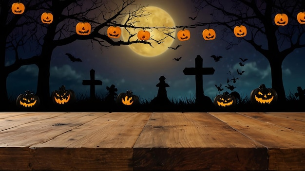 Holztisch mit Halloween-Hintergrund für den Halloween-Produktverkauf und -Ausstellung