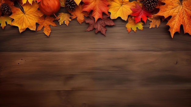 Holztisch mit Herbstblättern oben