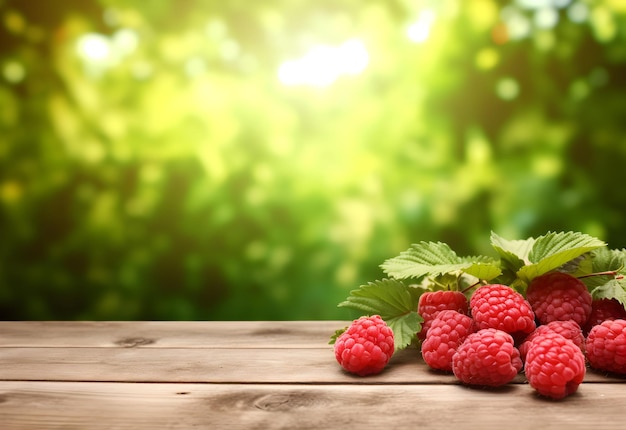 Holztisch mit Himbeeren und freiem Raum in der Natur verschwommener Hintergrund generierte KI