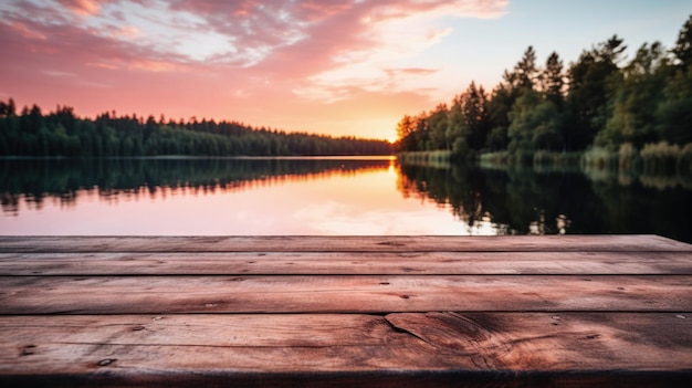 Holztisch mit Hintergrund eines ruhigen Sees in der Morgendämmerung