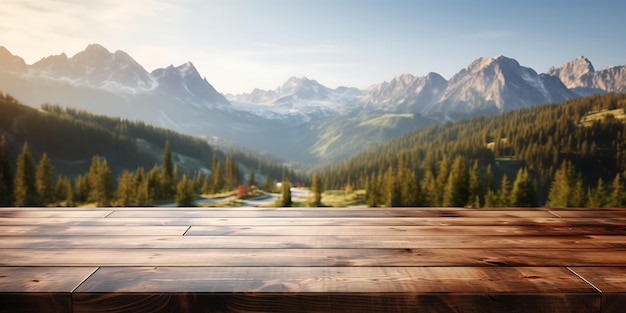 Holztisch mit landschaftlicher Aussicht auf die Dolomiten