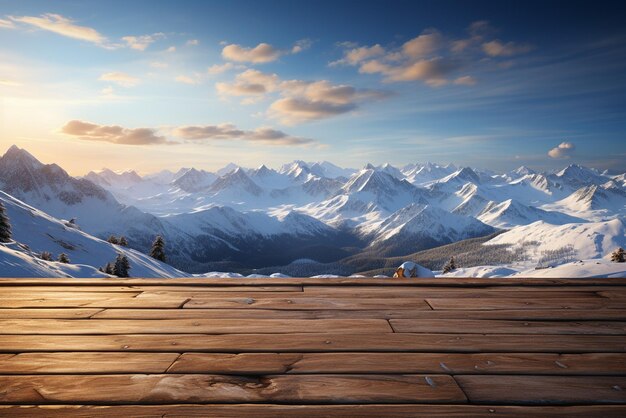 Holztisch mit lebendigem Bühnen-Hintergrund-Stil Schnee