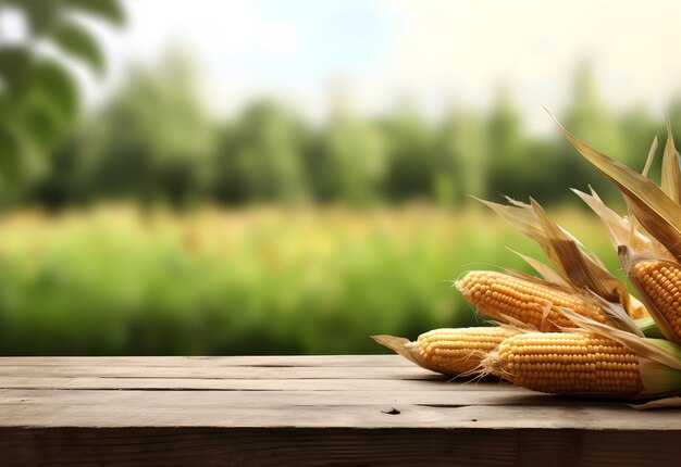 Holztisch mit Maiskolben und freiem Raum in der Natur, verschwommener Hintergrund, generierte KI