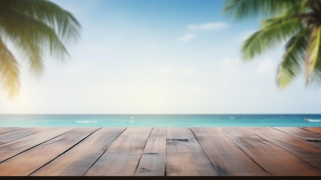 Holztisch mit Meereslandschaft und Palmenblauem Himmel