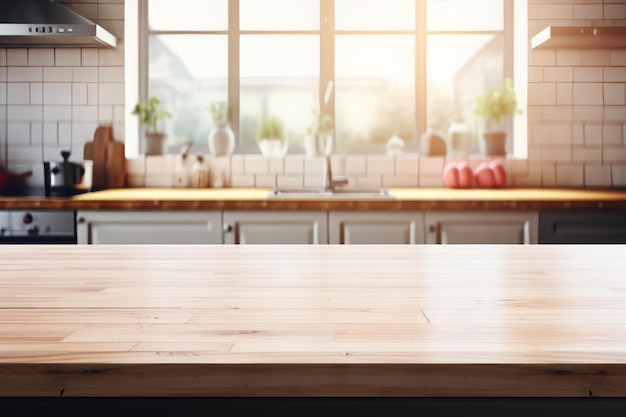 Holztisch mit modernem Kücheninterieur und Fensterhintergrund für die Ausstellung von Produkten