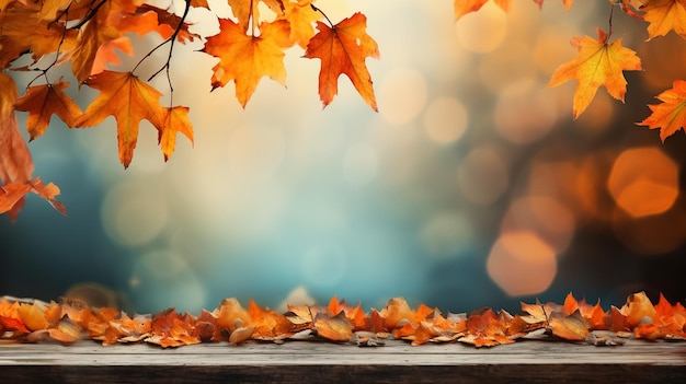 Holztisch mit orangefarbenen Blättern Herbst-Hintergrund