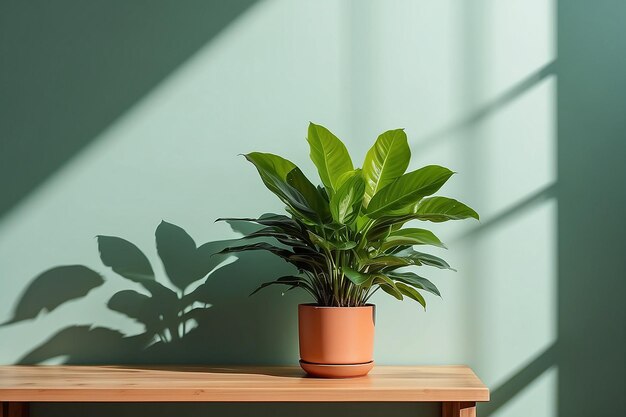 Holztisch mit Pflanzentopf an einer hellgrünen Wand mit Schatten von Sonnenlicht im Hintergrund Hochwertiges Foto