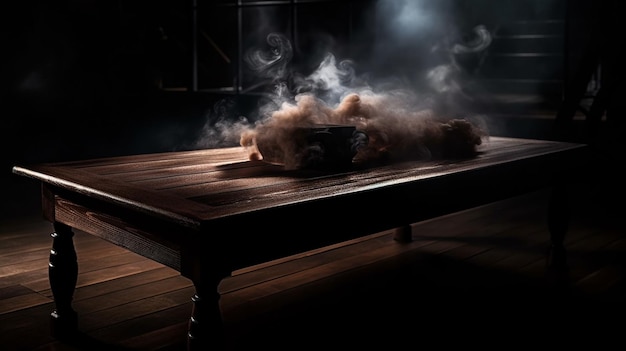 Holztisch mit Rauch in einem dunklen Raumgenerative ai