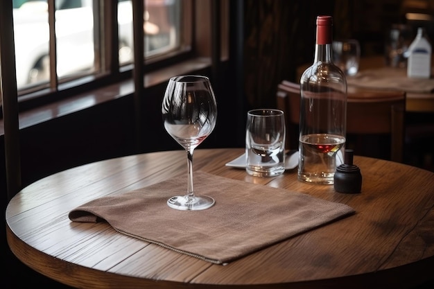 Holztisch mit Serviette und Weinglas darauf im Café oder Bistro