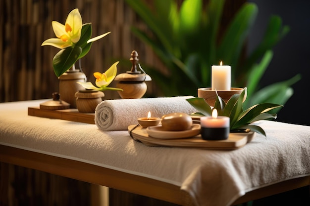 Holztisch mit Spa-Massage-Wellness-Dekorationen. Die traditionelle Thai-Spa-Massage umfasst th