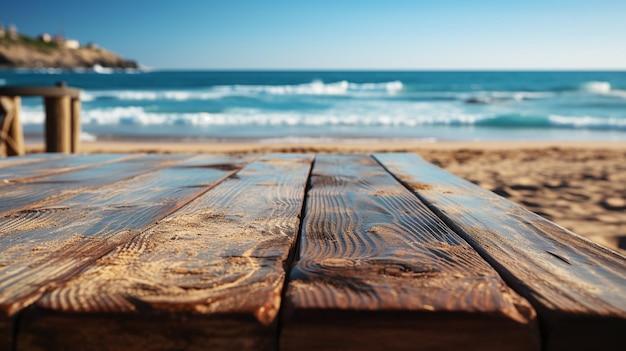 Holztisch mit Strandhintergrund