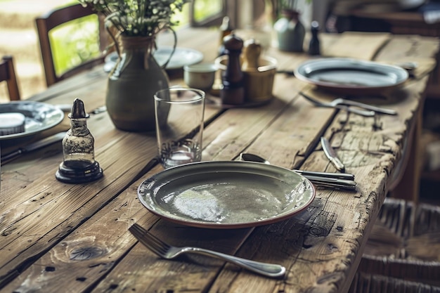 Holztisch mit Tellern und Besteck