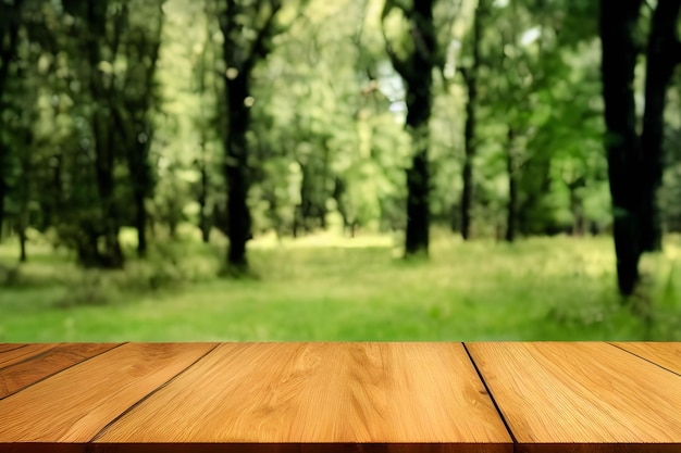 Holztisch mit verschwommenem Baumhintergrund