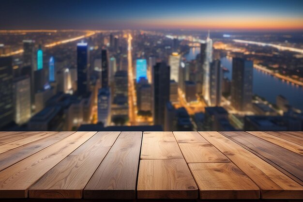 Holztisch mit verschwommenem Hintergrund von Stadtbild