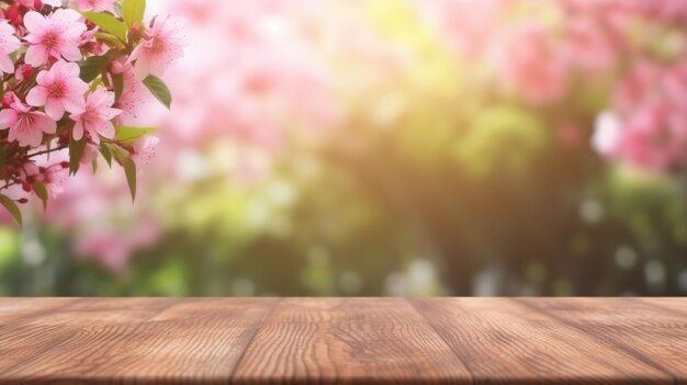 Holztisch mit verschwommenem Sakura-Park-Hintergrund