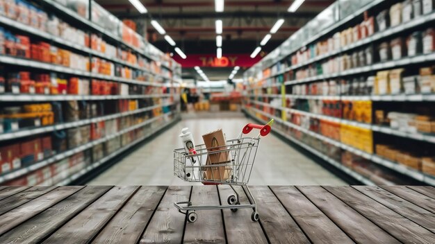 Foto holztisch mit verschwommenem supermarkt im hintergrund und einem panoramabanner