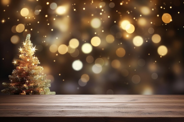 Holztisch mit weihnachtlichen Bokeh-Lichtern