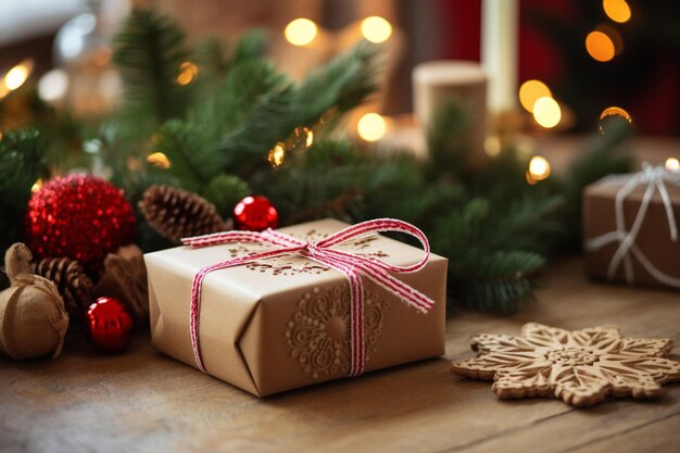 Holztisch mit Weihnachtsgeschenk