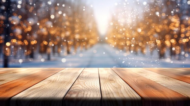 Holztisch mit Winter-Bokeh-Hintergrund