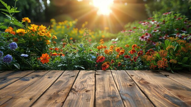 Foto holztisch umgeben von blumen und bäumen