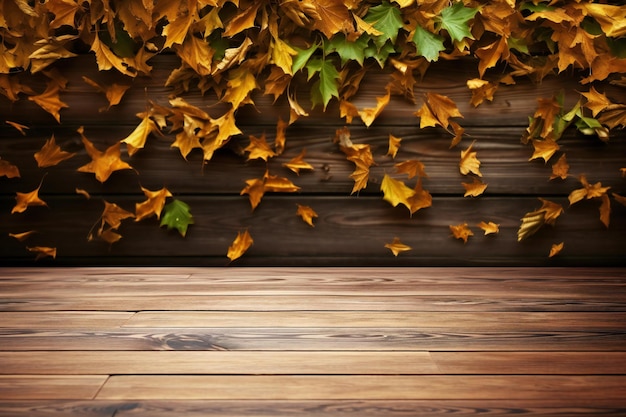 Holztisch und Herbstblätter gegen hölzerne Bretter Hintergrund mit Kopierraum