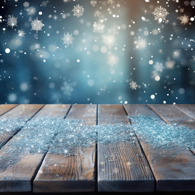 Foto holztisch und schneeflocken auf farbenfrohem hintergrund