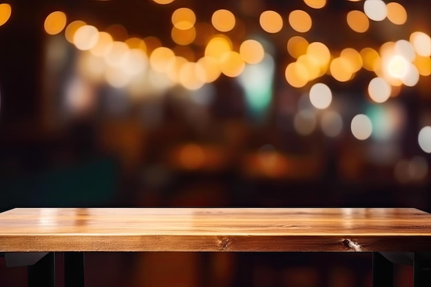 Holztisch vor abstraktem, verschwommenem Hintergrund aus bunten Restaurantlichtern. Generative KI