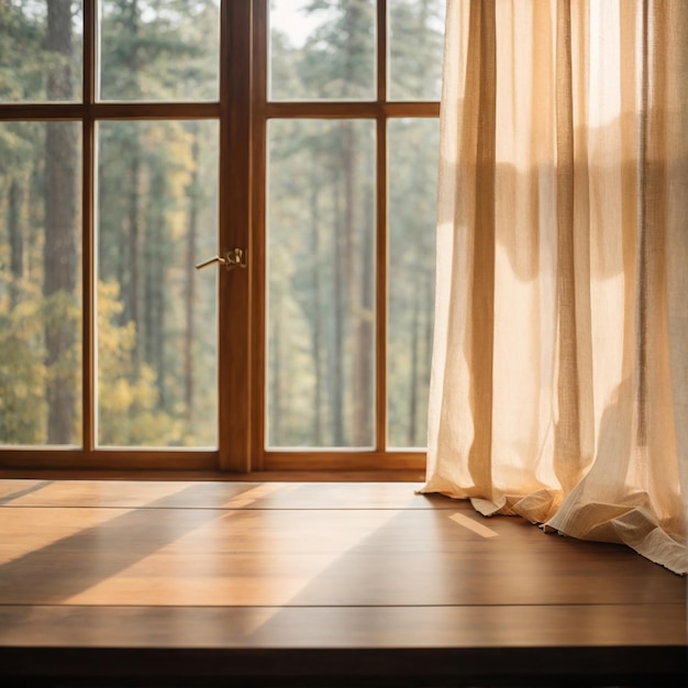 Holztisch vor einem Fenster mit Vorhang und Blick auf den Wald Hochwertiges Foto