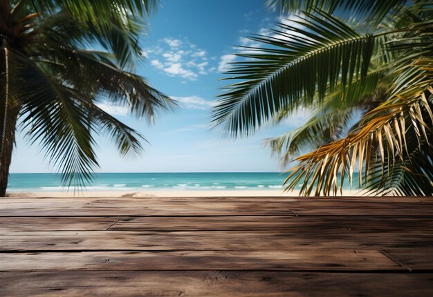 Holztisch vor verschwommenem tropischem Strand mit Kokospalmenblättern