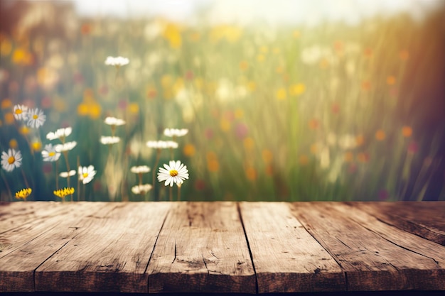 Holztischhintergrund auf einer verschwommenen Wiese mit Wildblumen Generative AI AIG15