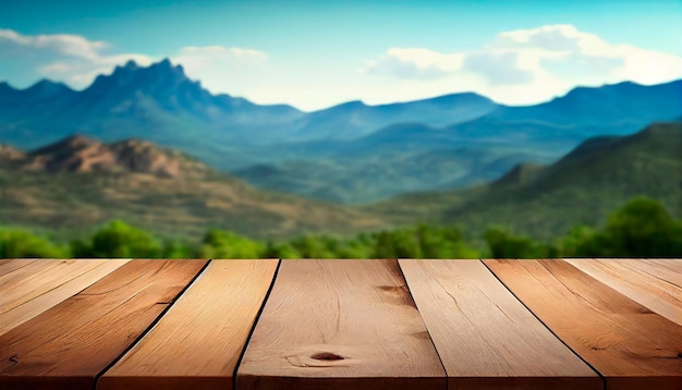 Holztischhintergrund mit Landschaft aus Bergen und Wildtieren Rustikaler leerer Holztisch für Produkt- und Warenpräsentation Generative KI