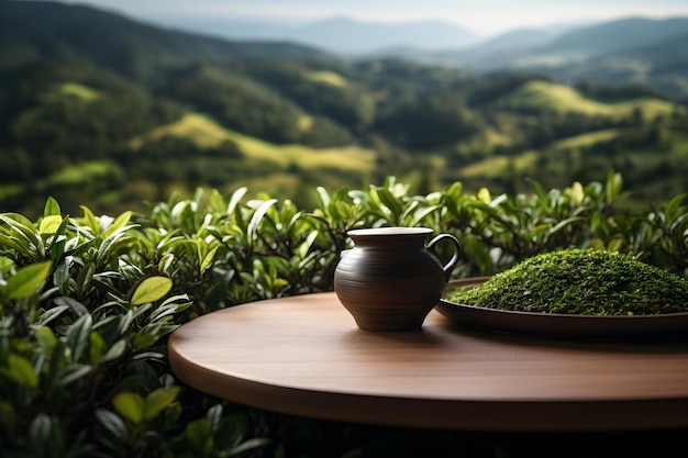 Holztischnatur des grünen Teeplantagenhintergrundes