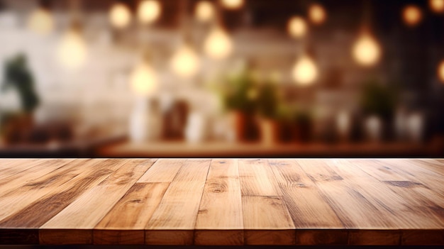 Holztischplatte auf unscharfem Küchenthekenhintergrund Für die Montage der Produktanzeige AI generiert
