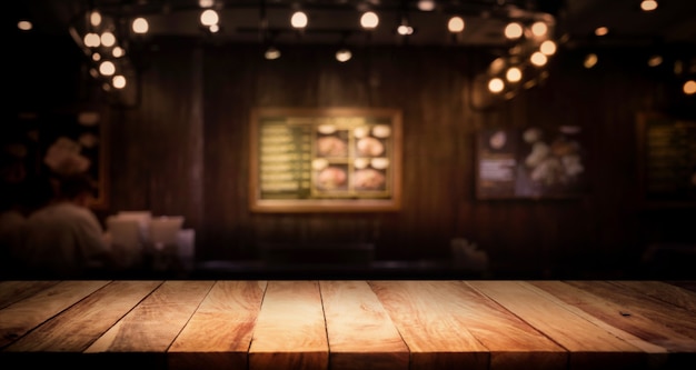 Holztischplatte auf verschwommenem Café (Restaurant) mit hellgoldem Bokeh im dunklen Nachthintergrund.