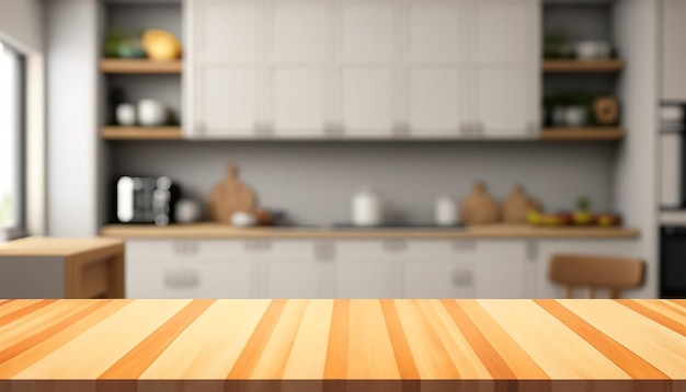 Holztischplatte auf verschwommenem Hintergrund im Küchenraum für die Montage von Produktpräsentationen oder Designschlüsseln