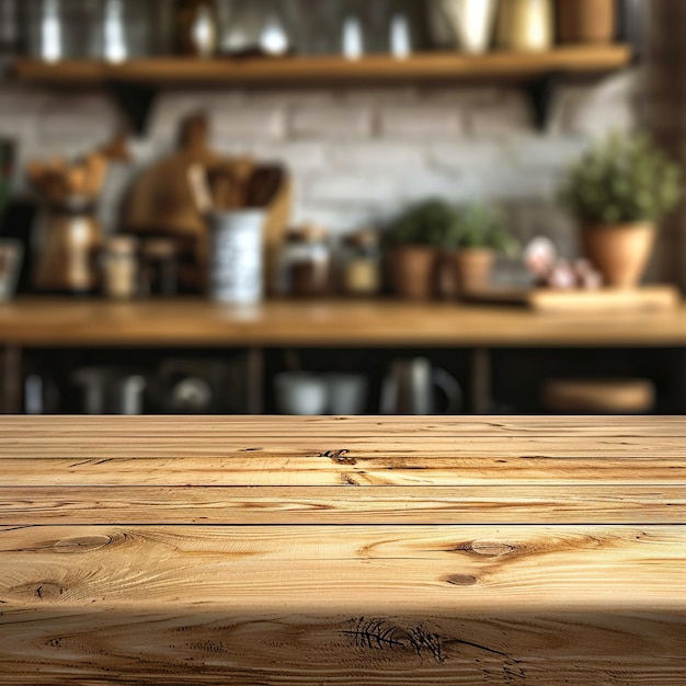 Holztischplatte auf verschwommenem Küchenhintergrund kann als Modell für Montageprodukte verwendet werden