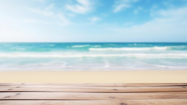 Holztischplatte auf verschwommenem Strandhintergrund zur Anzeige oder Montage Ihrer Produkte