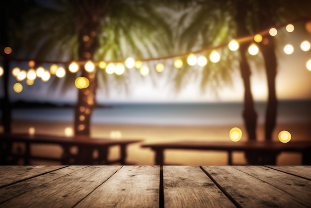 Foto holztischplatte in einer strandbar verschwommenes licht bokeh café restaurant hintergrund generative ki